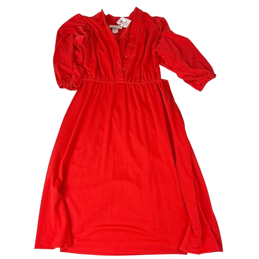 Vintage 1970s Red Midi Dress Shelly's Place Union Made USA‎ Puff Sleeve